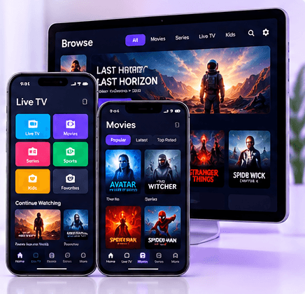 Two smartphones and a tablet showing live TV and movie screens in a streaming app