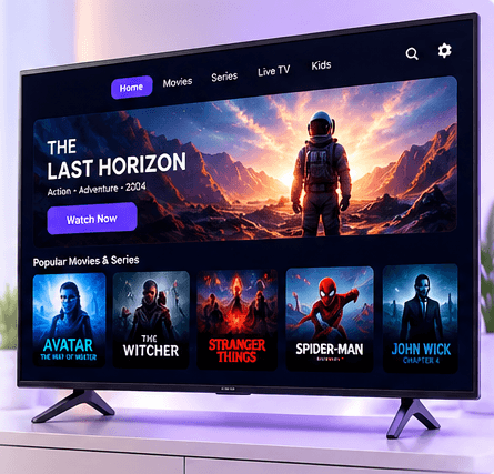 Smart TV on a stand showing a streaming app with a featured title and a row of movie and series thumbnails